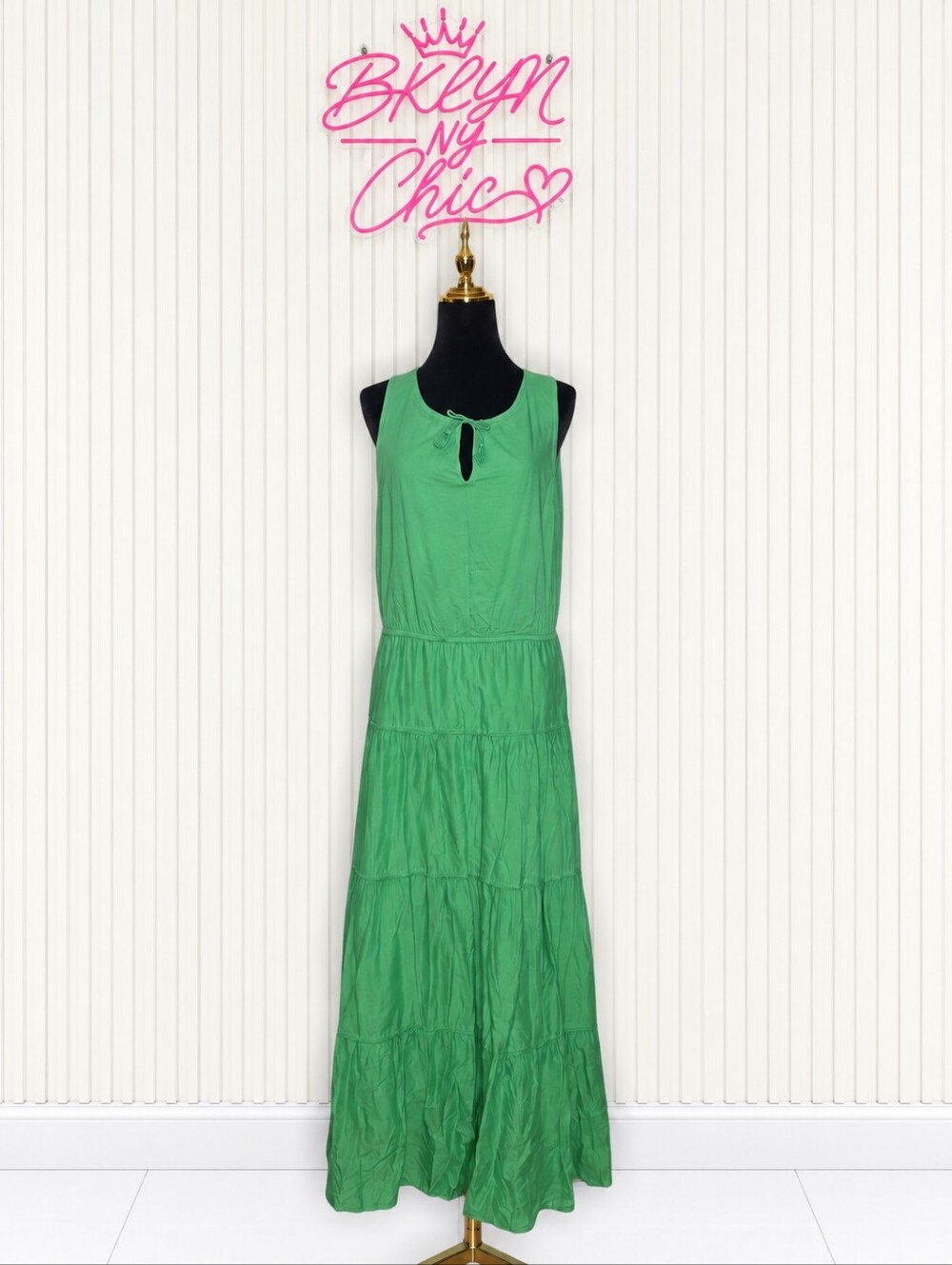 Ralph Lauren Bright Green Sleeveless Tiered Maxi Dress with Tie Neck